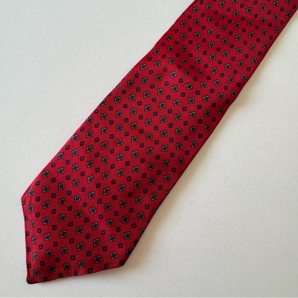 Hardy Amies Crimson Red and Black Silk Diamond Pattern Skinny Tie